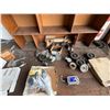 Image 8 : Work Table 96" x 48" & Contents:  Bench Vise, Organizer Shelf, Wheels, Belts, Straps, Hardware, etc