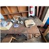Image 9 : Work Table 96" x 48" & Contents:  Bench Vise, Organizer Shelf, Wheels, Belts, Straps, Hardware, etc