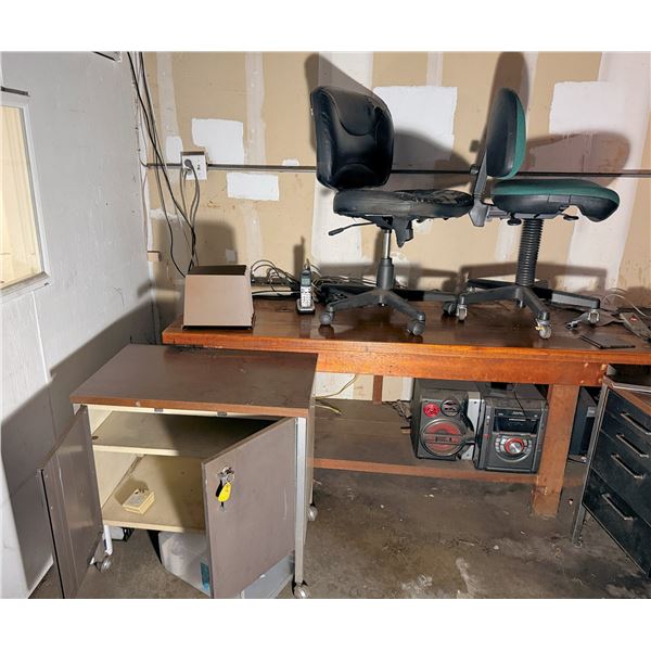 Office Set-Up: Wooden Table 72" x 29" x 31"H, Rolling 2-Door Cart, 2 Chairs, Panasonic CD Changer  &