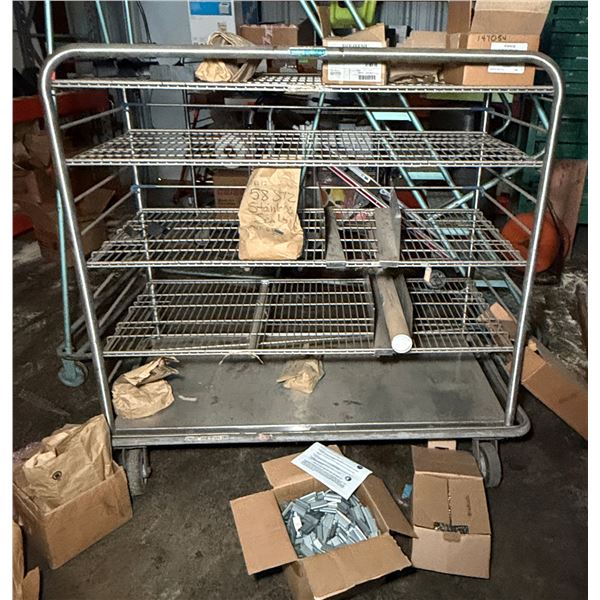 Wire Cage Cart 54" x 24" x 57"H & Contents: Clips, Hardware, etc