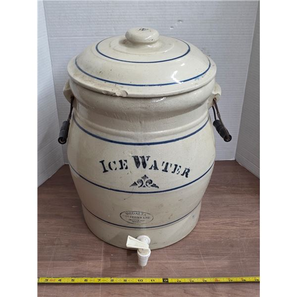 Medalta ice water crock- with lid- has some damage- 16"H
