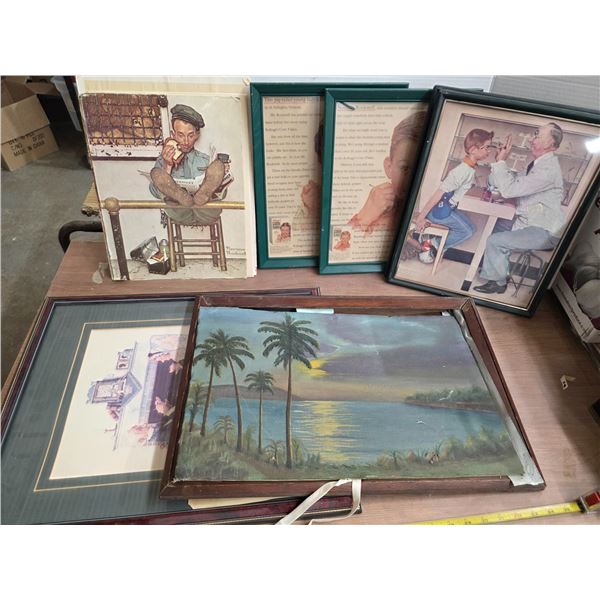 Vintage pictures and frames- 2 corn flakes ads- some  are broken