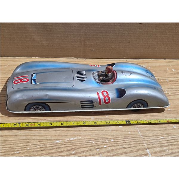 Vintage tin #18 racing car- missing 1 wheel- 16"L