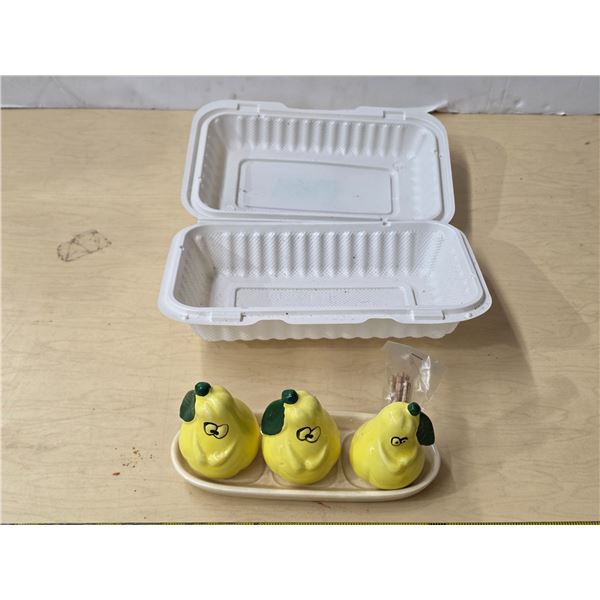 Sabre pear salt and pepper shakers with tooth pick holder