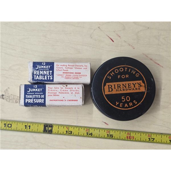 Birney hardware 50 years puck and with junket tablets