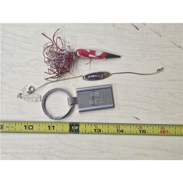 Key chain, id bracelet, vintage mechanical pencil