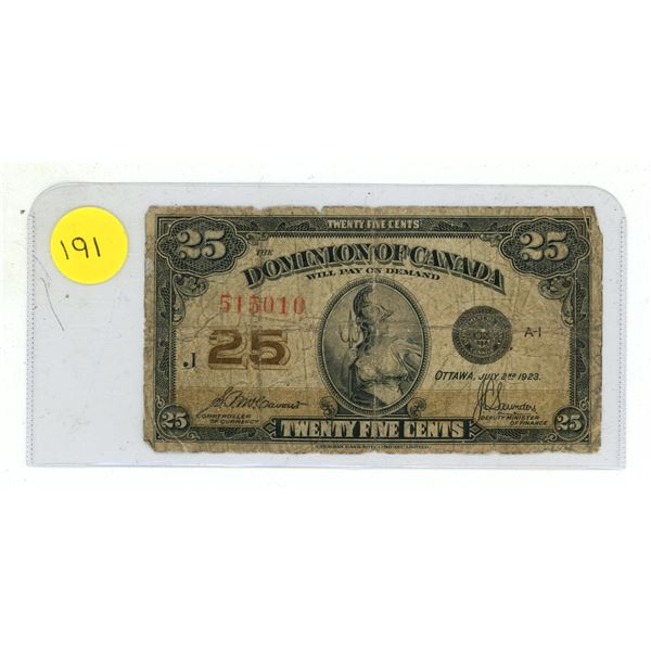 1923 Dominion of Canada 25 Cents Shinplaster.