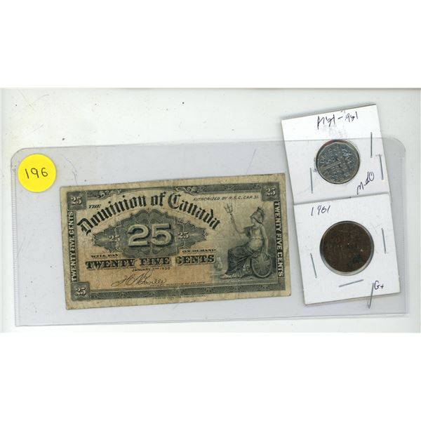 1900 Dominion of Canada 25 Cents Shinplaster, 1901 Canada Large One Cent and 1951 Canada 5 Cent Coin