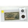 Image 1 : 1900 Dominion of Canada 25 Cents Shinplaster, 1901 Canada Large One Cent and 1951 Canada 5 Cent Coin