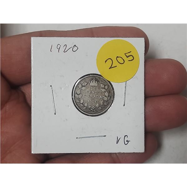 1920 Canada Silver 10 Cents.
