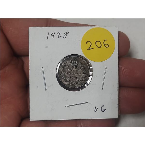 1928 Canada Silver 10 Cents.