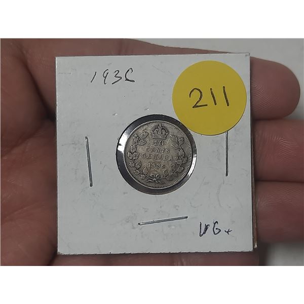 1936 Canada Silver 10 Cents.