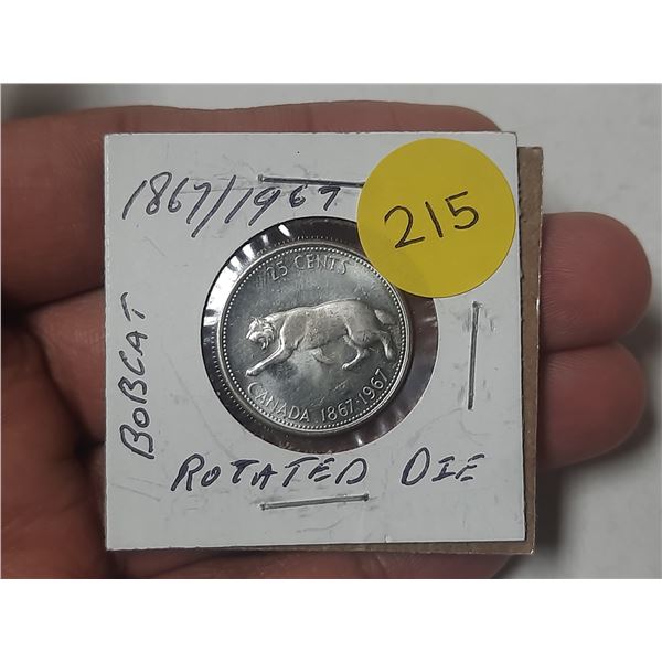 1967 Canada Silver 25 Cents. - Bobcat - (Rotated Die)