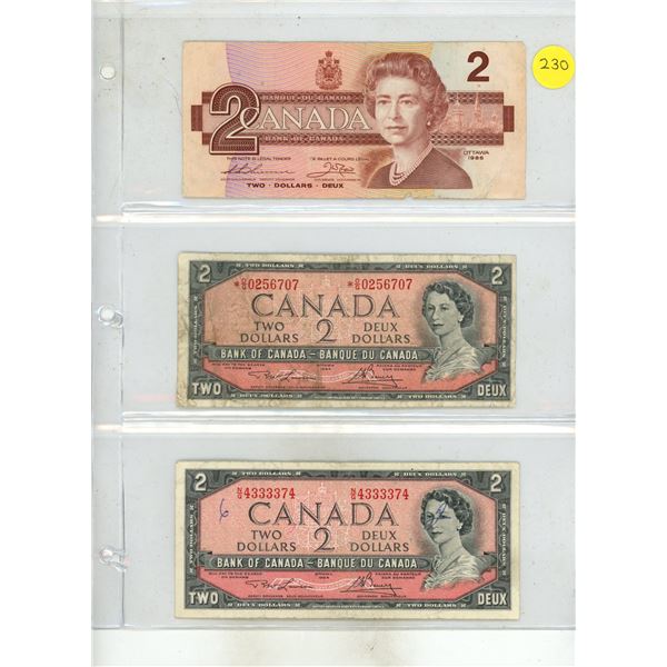 (2) 1954 and (1) 1986 Canada Two Dollars.