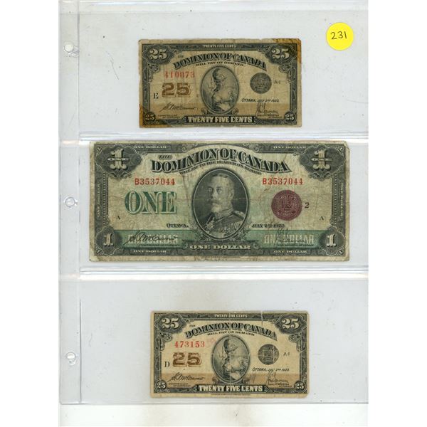 (2) 1923 Dominion of Canada 25 Cents Shinplaster and 1923 Dominion of Canada One Dollar.