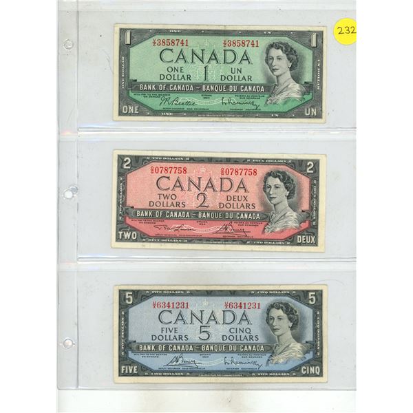 1954 Canada One, Two and Five  Dollars.