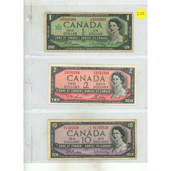 1954 Canada Two , Ten  Dollars and 1967 Canada One Dollar.