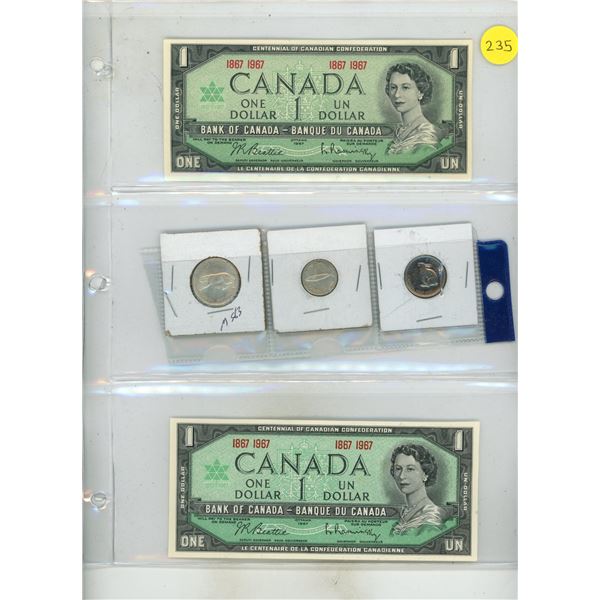 (2) 1967 Canada One Dollars. (Uncirculated), 1967 Canada Silver 25 Cents, Silver 10 Cents, 5 Cents.