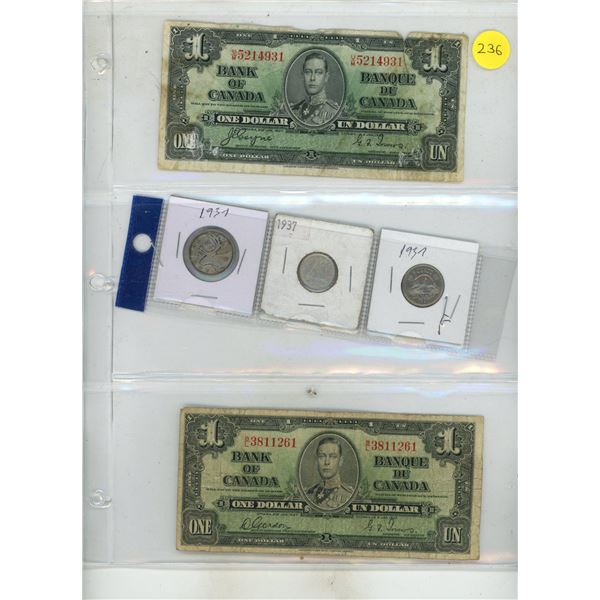 (2) 1937 Canada One Dollars and 1937 Canada Silver 25 Cents, Silver 10 Cents, 5 Cents (Dot After7).