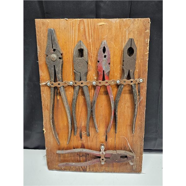 Vintage Pliers.  (5) Pairs, Mounted on Wood Backing