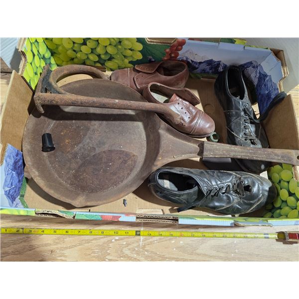 Cast iron pan and wall mount  and 2 pairs of shoes