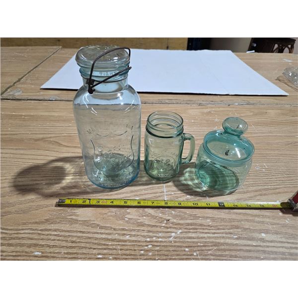Bule sealer jar, blue glass cup and cookie jar
