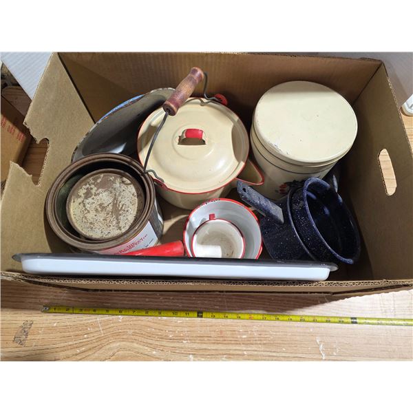 Lot of vintage enamel ware, pots, canister set