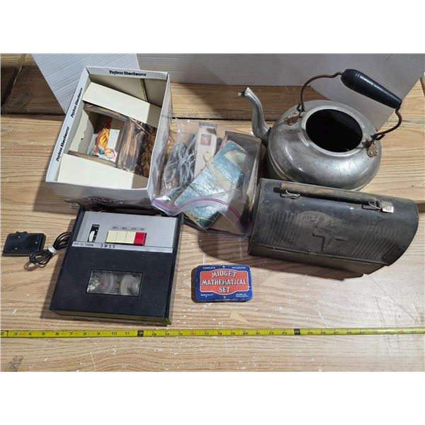 lot of misc antiques and vintage items- tape recorder, tape measurer