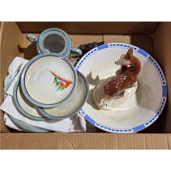 Lot of vintage dishes and animal figures