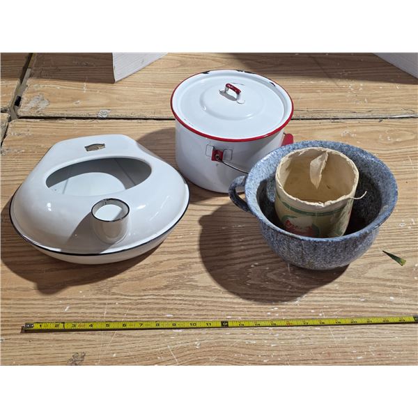 Lot of misc items- bed pan- enamel ware