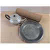 Image 1 : Vintage Kitchen Lot (Sona ware Tea Pot, Roller (Missing Handles) and Baking Tin)