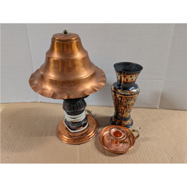 Vintage Copper/Copper Plated Items (Lamp (not Working) Vase, Candle Holder, Etc,)