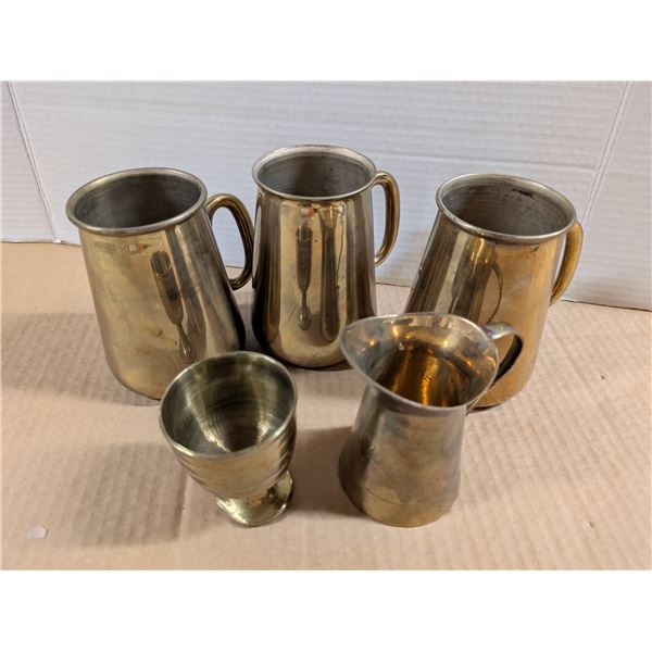 (3) Brass Plated Mugs, Brass Goblet, and creamer