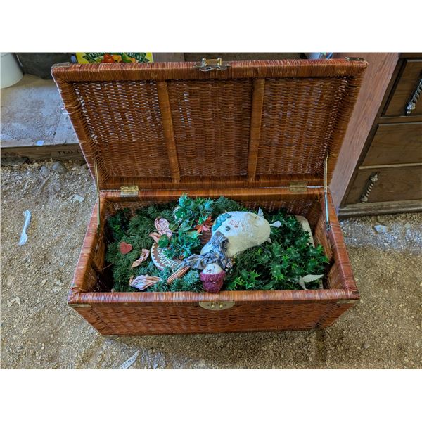 Wood Whicker Storage Box w/ misc. Christmas Decor