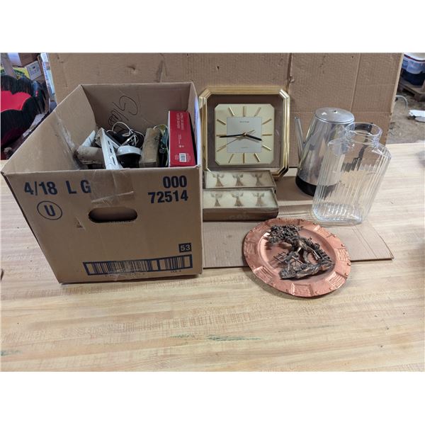 Box of Misc. Items (Pitcher, Copper Like Plate Decor, and etc.)