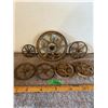 Image 1 : (7) Antique Wheels.  Wood, Cast, Tin.  3” – 8” Diameter
