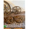 Image 3 : (7) Antique Wheels.  Wood, Cast, Tin.  3” – 8” Diameter