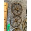 Image 5 : (7) Antique Wheels.  Wood, Cast, Tin.  3” – 8” Diameter