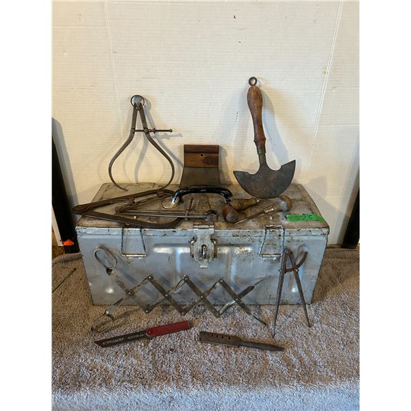 1942 Metal Ammo Box w/ Vintage Tools, Hide Scraper