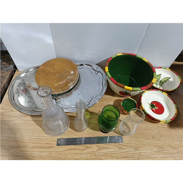 Lot of kitchenwares - trays, nice bowl set, crystal bell vase, etc.