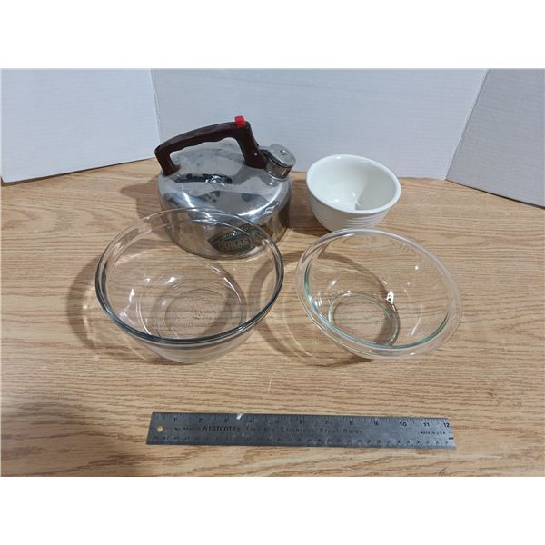 3 bowls and teapot - 1 Pyrex, 1 Anchor hocking