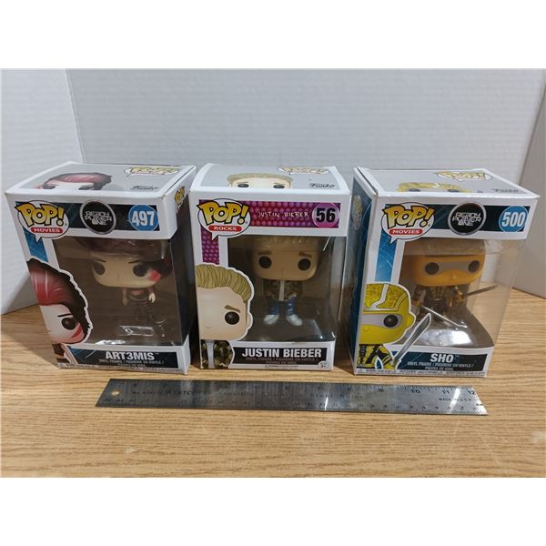 3 funko pops - Ready Player One and Justin Bieber