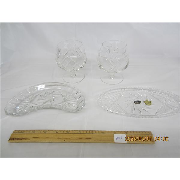 2 Authentic Crystal Brandy Glasses and 2 Small Dishes