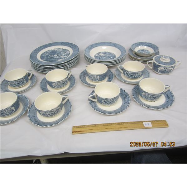 Antique Royal Dish Set with Currier and Ives Scenes on It