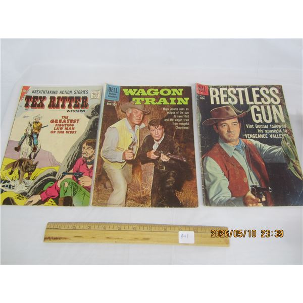 3 Cowboy Comics 10 Cents Tex Ritter ,Wagen Train , Restless Gun