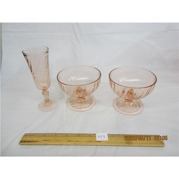 3 Pieces of Pink Depression Glass Champaign Flute and 2 Bowls