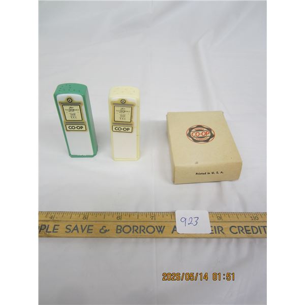 Vintage CO-OP Advertising Salt and Pepper Shakers with Original Box Look Like Gas Pumps