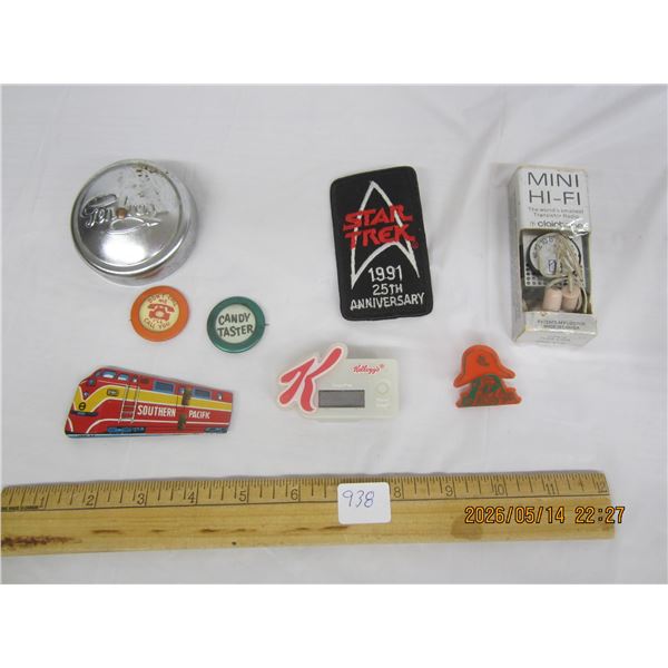 Mixed Vintage Collectibles Lot Train Whistle ,Pins, Badges ,Rings Ect.