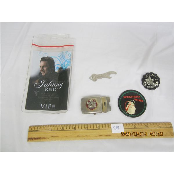 Mixed Vintage Collectibles Lot Johnny Reid Pass , Fire Belt Buckle , Mirror , Church Key , Pin