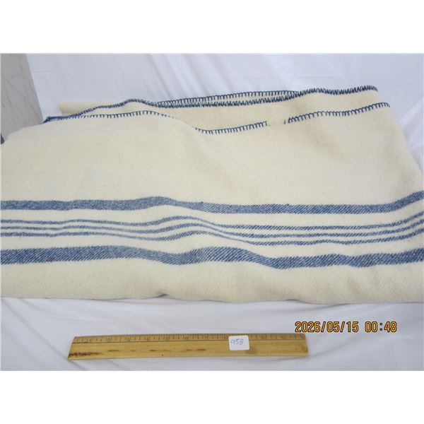 Antique Wool Blanket with Blue Stripes in Great Condition